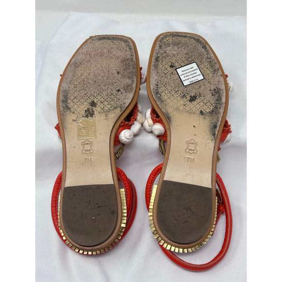 Tory Burch Sinclair Seashell Ankle Wrap Sandals Red Leather Size 7 Flat - Picture 6 of 7
